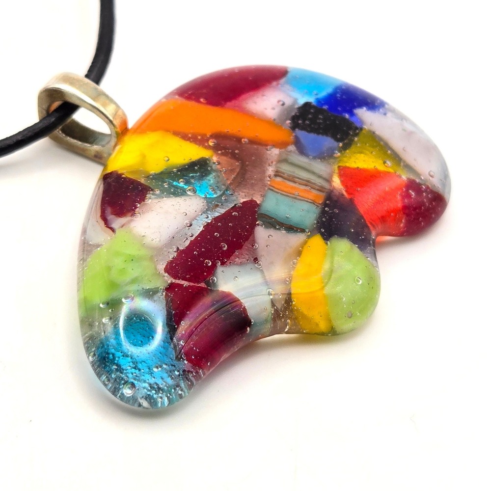 Fused Glass Figural‎ Bear Pendant Necklace Multicolor Mosaic Art Glass 18" Cord